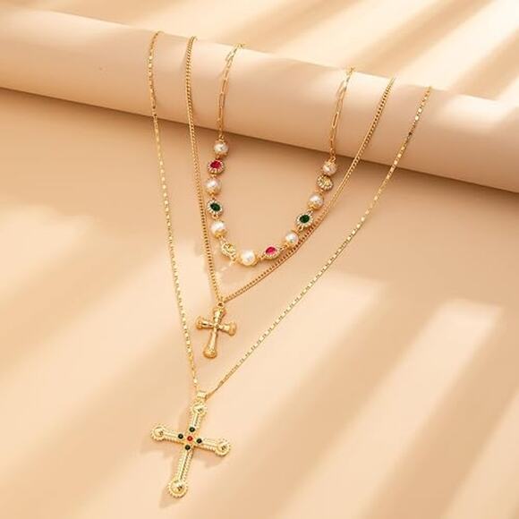 Gold Plated Layered Cross Necklace Colorful Crystal Statement Chain - Picture 5 of 7